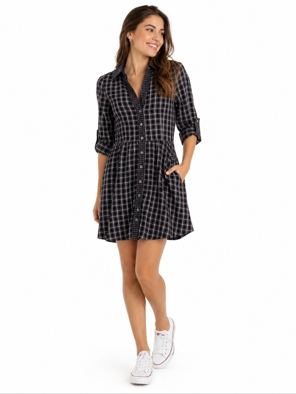 Women's Anthropologie Moulinette Soeurs Plaid Shirt Dress Size 2 Black White